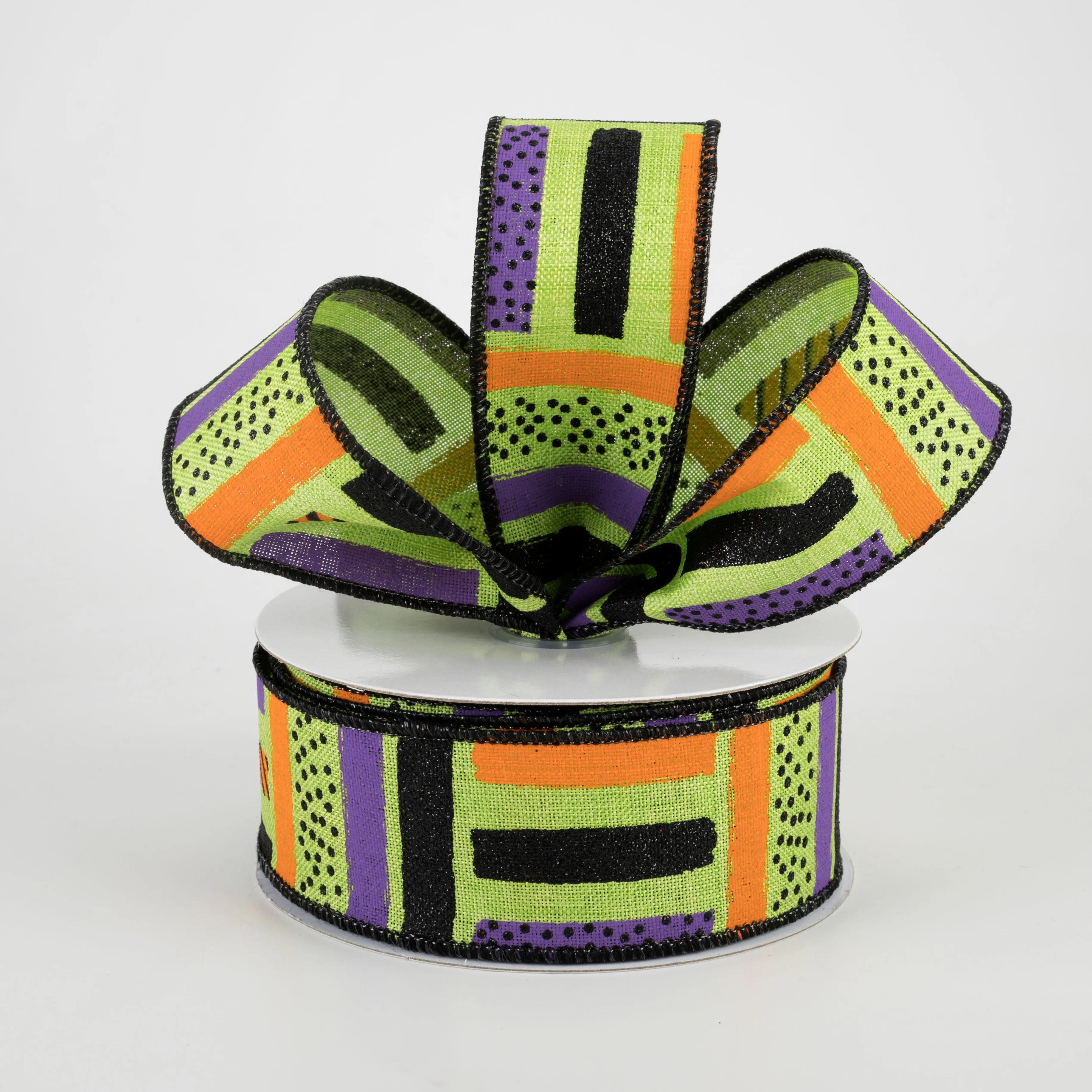 1.5" Brush Stroke Stripes Dots Ribbon: Lime, Black, Orange, Purple (10 Yards)