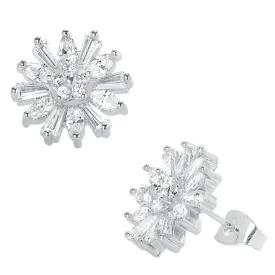 18K White Gold Plated Baguette Flower Stud Earring