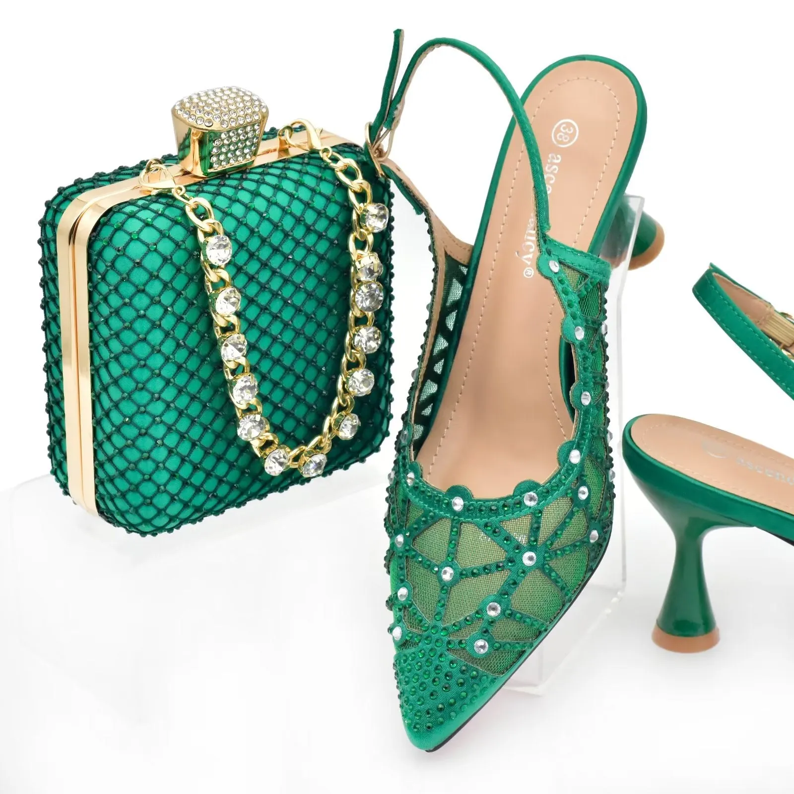 2023 Mature Nigerian Women Shoes Matching Bag Set Comfortable Heels Pointed Toe Pumps Color for Wedding Party in Green PVC PU