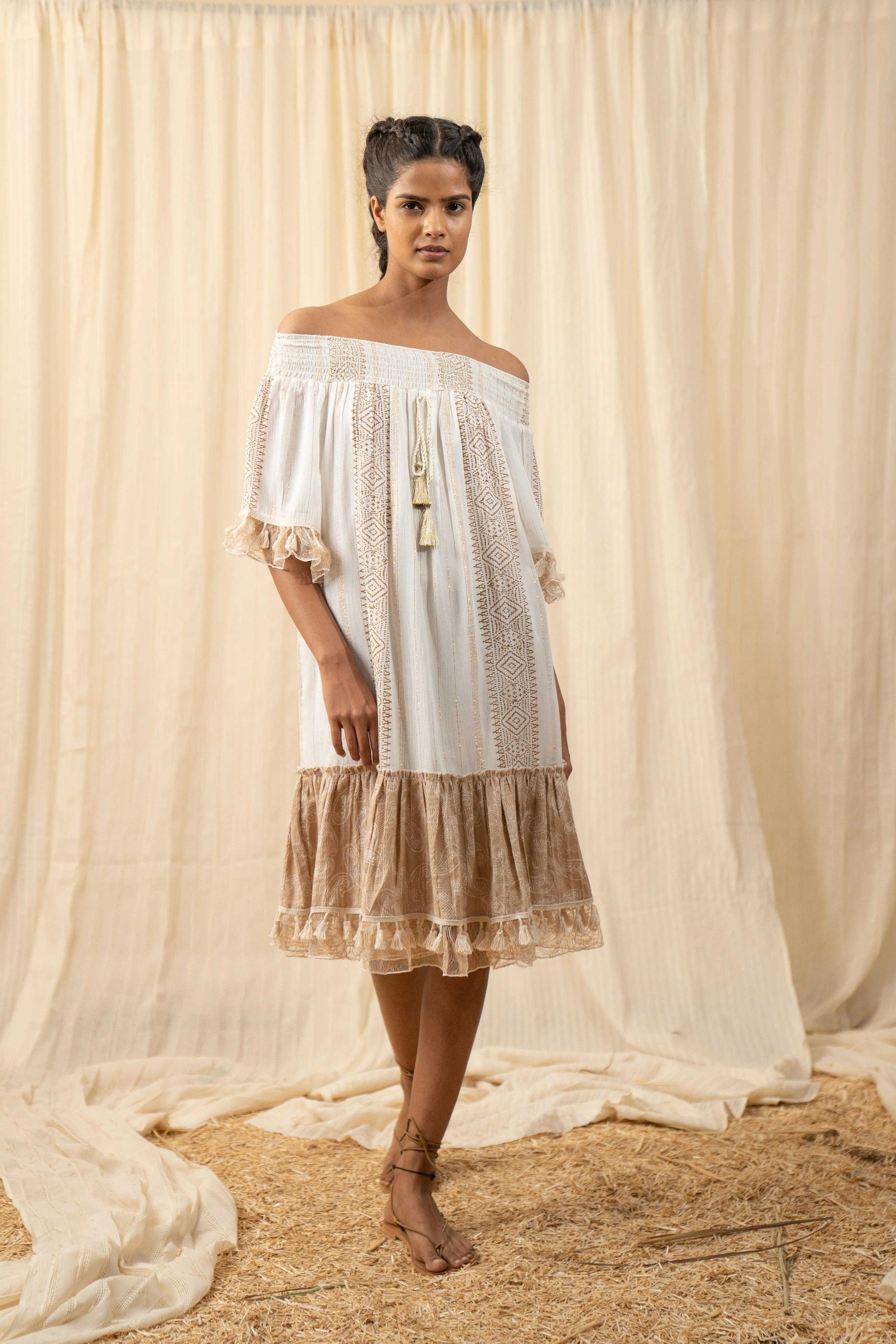 Afro Beige And White Smocked Dress