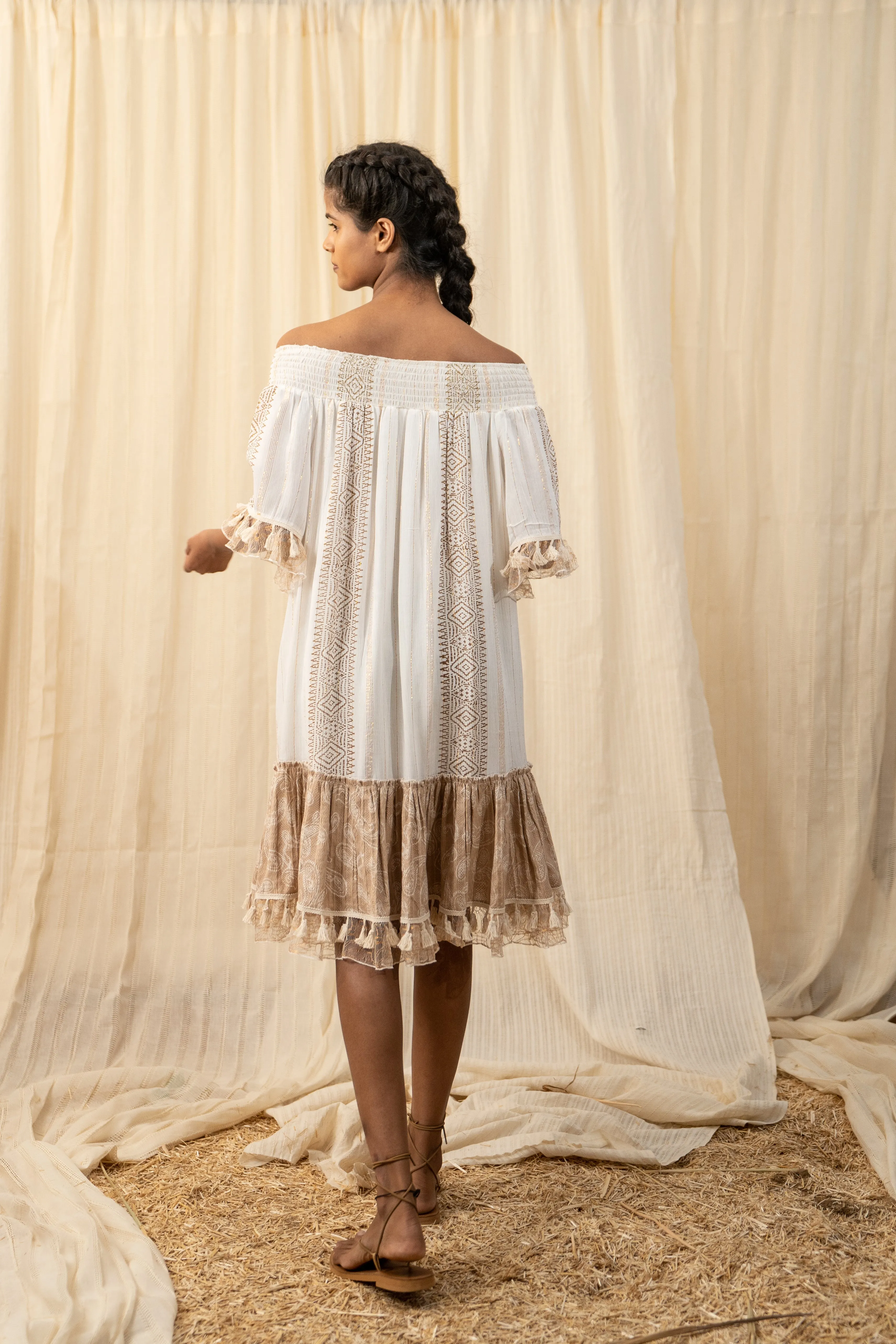 Afro Beige And White Smocked Dress