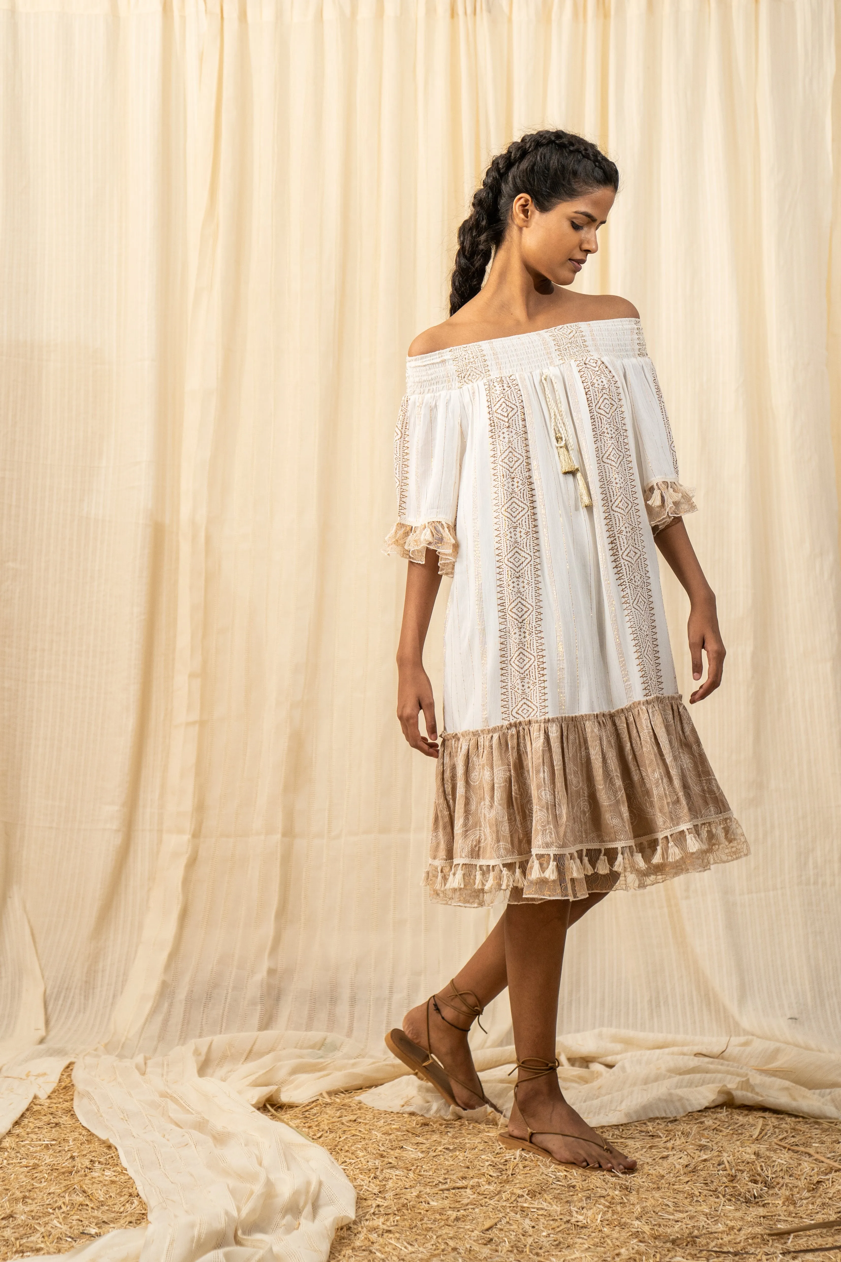 Afro Beige And White Smocked Dress