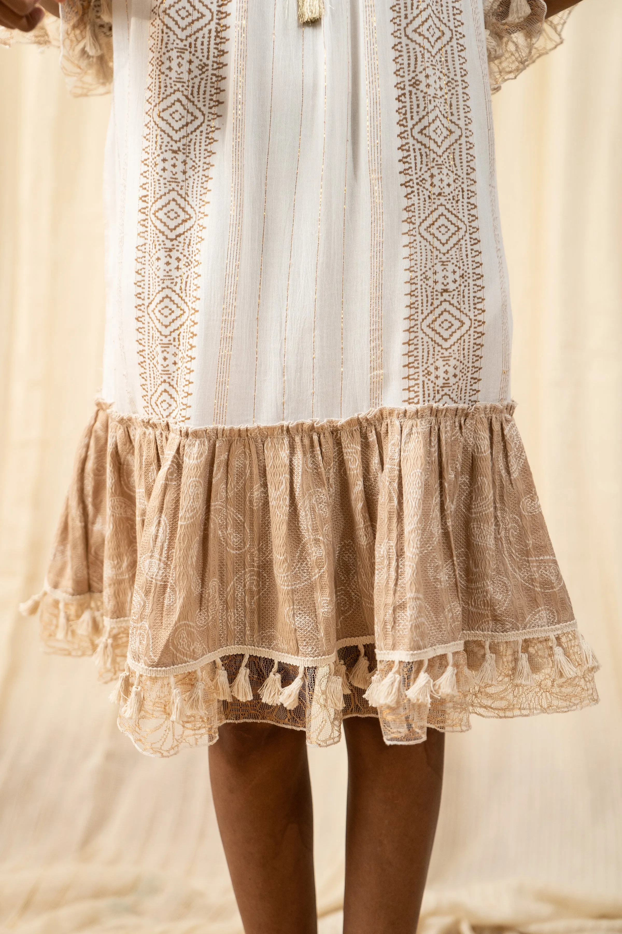 Afro Beige And White Smocked Dress