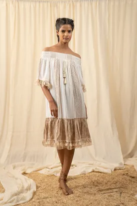 Afro Beige And White Smocked Dress