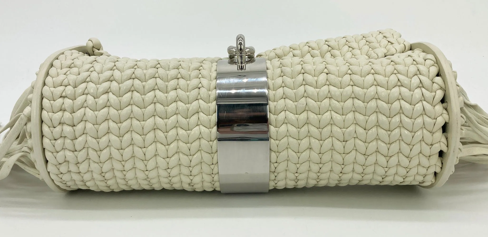 Balenciaga White Leather Tresse Fringe Clutch