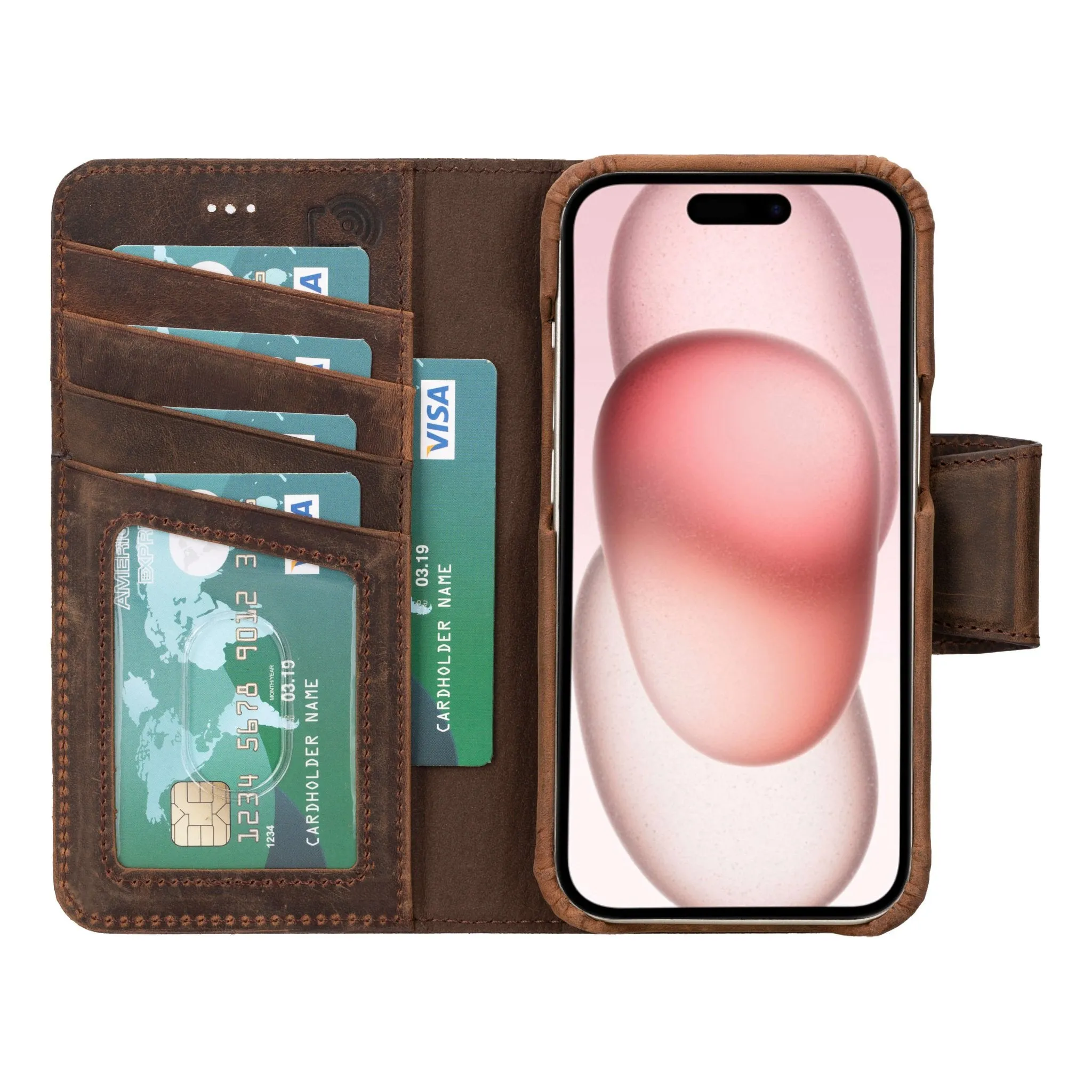 Burkley iPhone 15 Wallet Case, Distressed Coffee