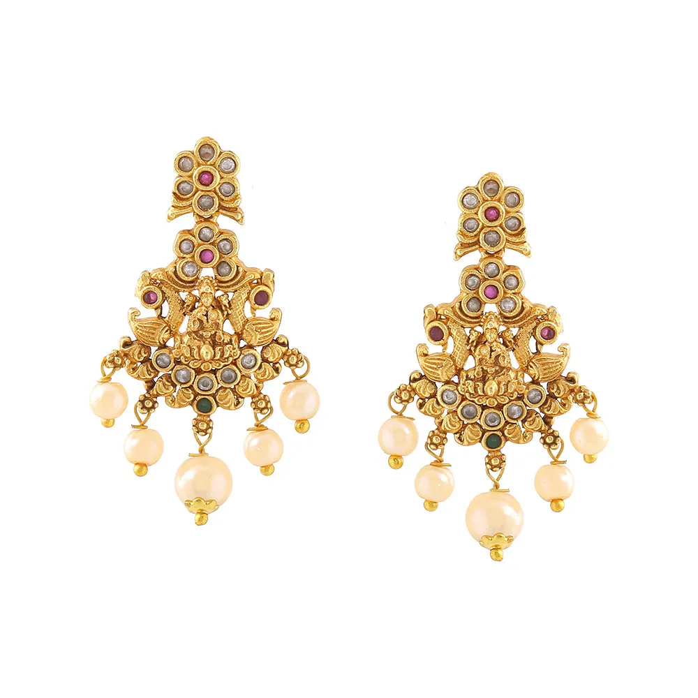 Estele Gold Plated CZ Laxmi Ji with Paisley Motifs Bridal Short & Long Necklace Set with color stones & Pearls