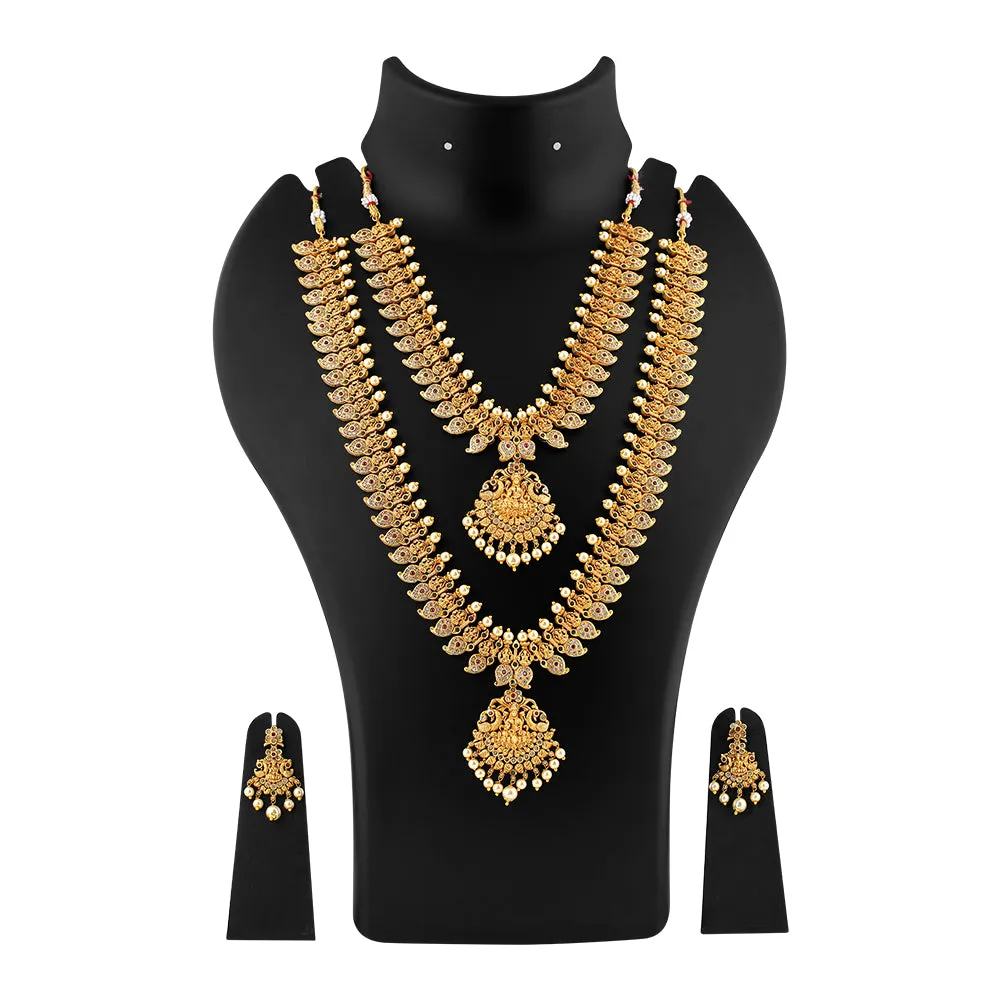 Estele Gold Plated CZ Laxmi Ji with Paisley Motifs Bridal Short & Long Necklace Set with color stones & Pearls