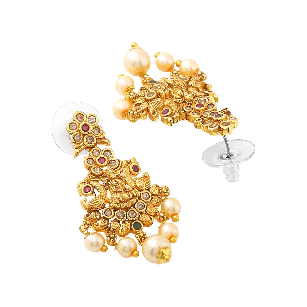 Estele Gold Plated CZ Laxmi Ji with Paisley Motifs Bridal Short & Long Necklace Set with color stones & Pearls