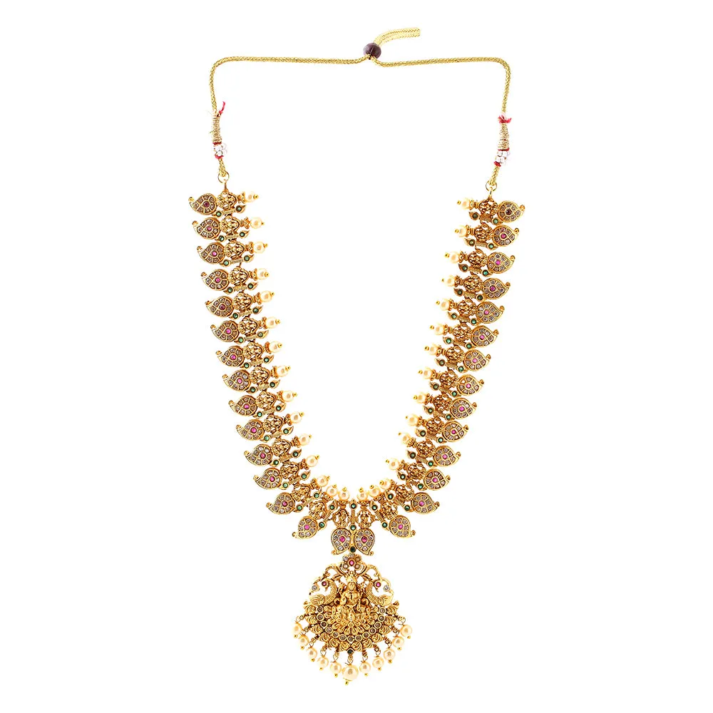 Estele Gold Plated CZ Laxmi Ji with Paisley Motifs Bridal Short & Long Necklace Set with color stones & Pearls