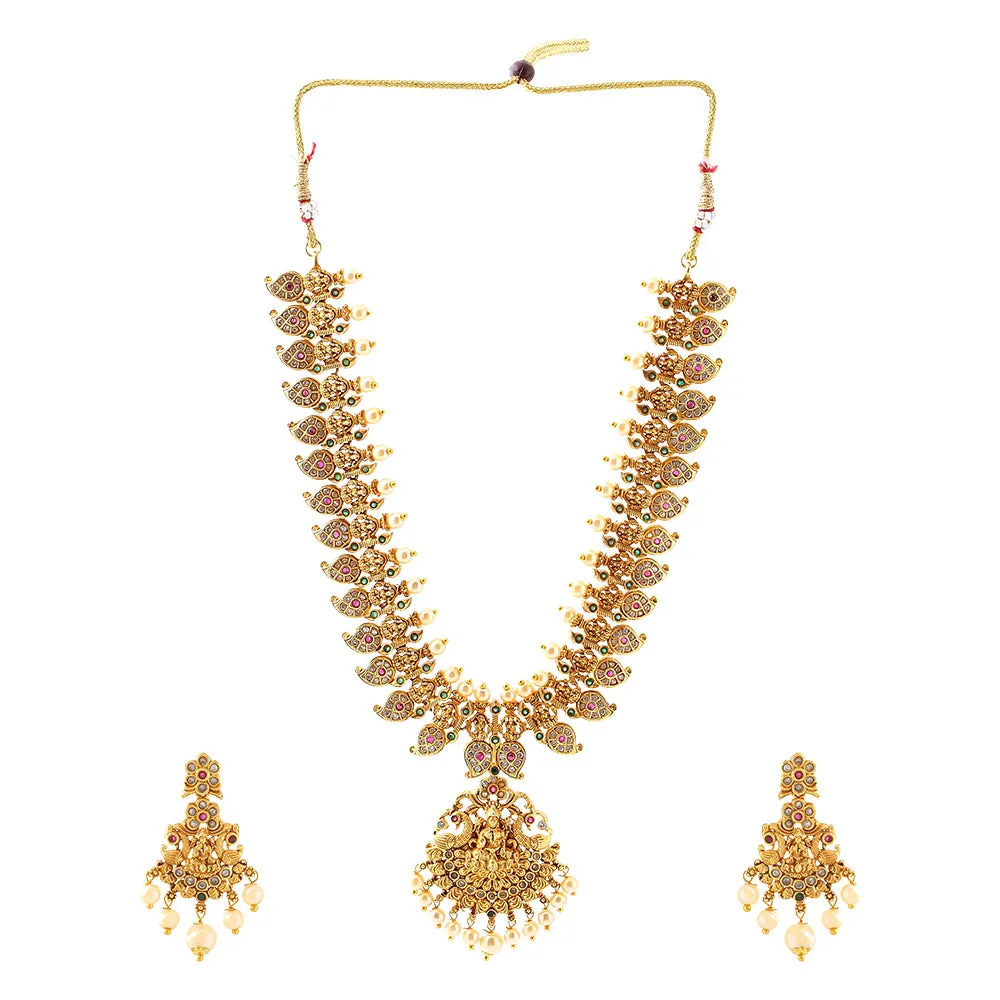 Estele Gold Plated CZ Laxmi Ji with Paisley Motifs Bridal Short & Long Necklace Set with color stones & Pearls