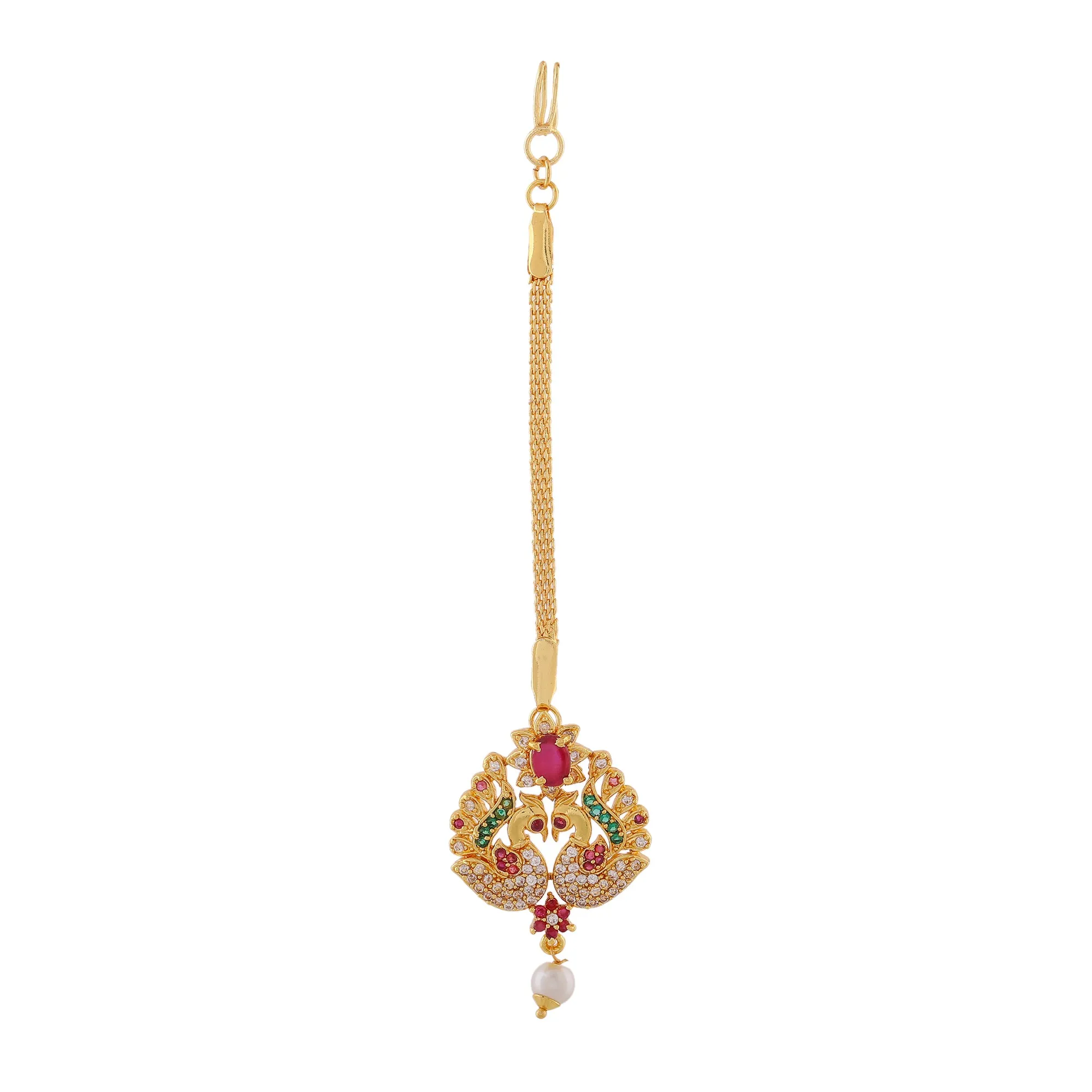 Estele Gold Plated CZ Peacock Designer Maang Tikka with Pearl for Women