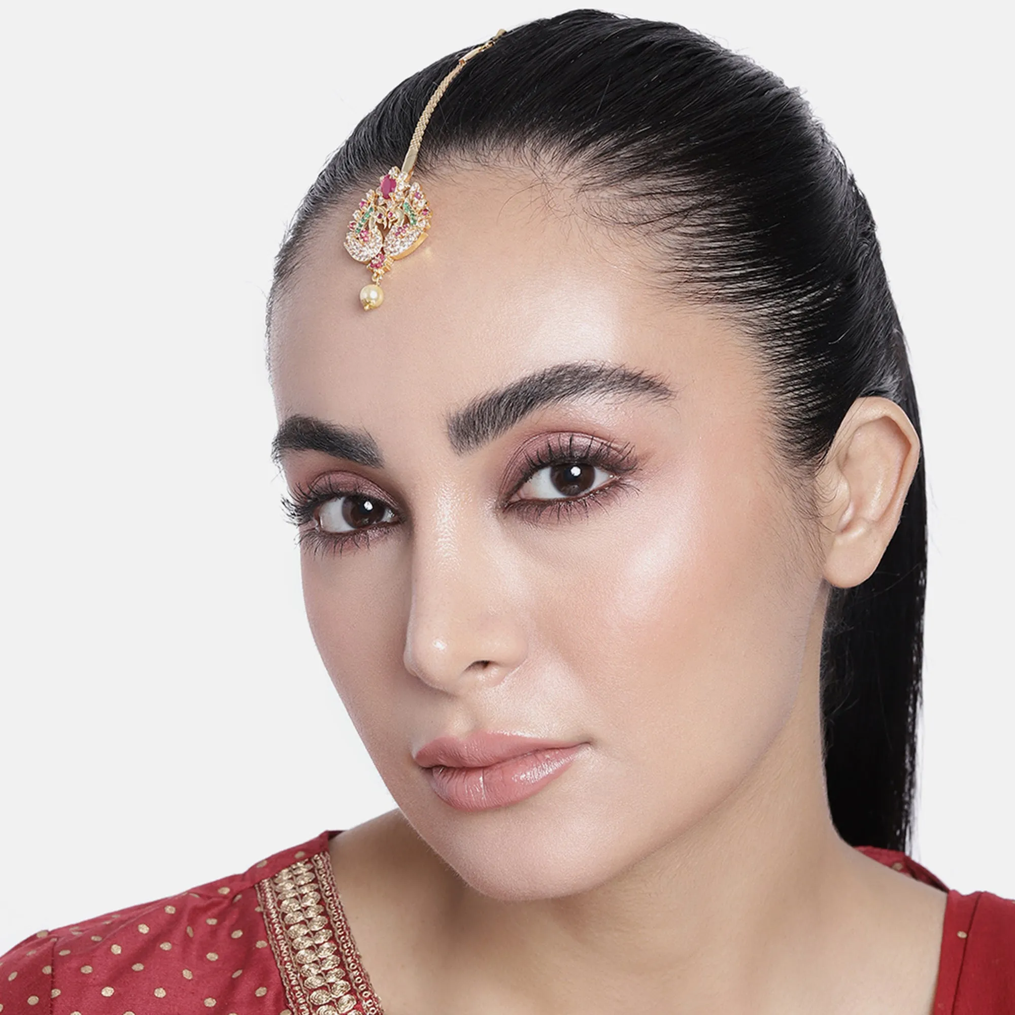 Estele Gold Plated CZ Peacock Designer Maang Tikka with Pearl for Women