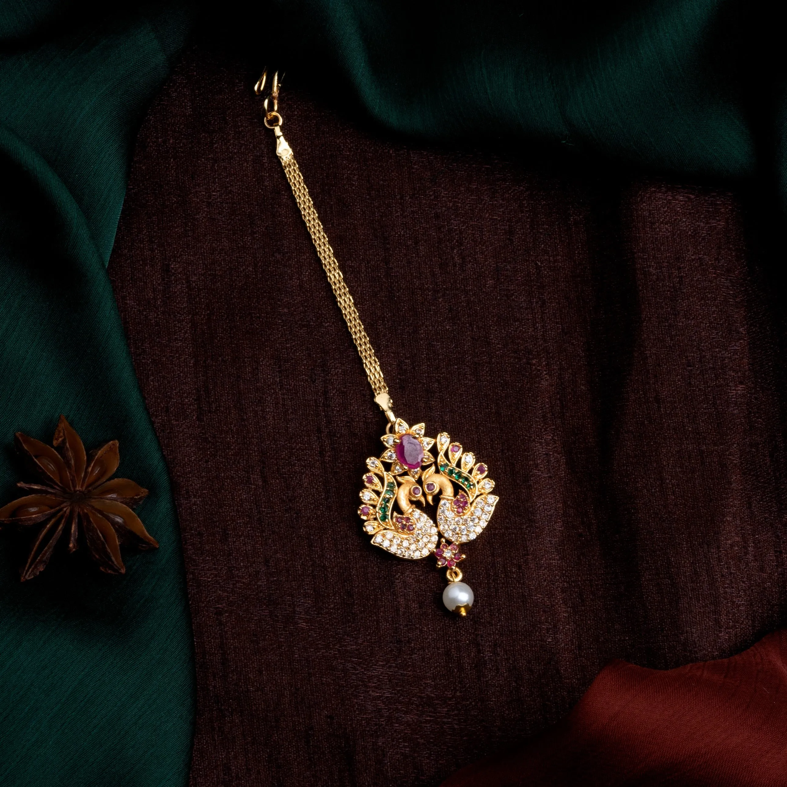 Estele Gold Plated CZ Peacock Designer Maang Tikka with Pearl for Women