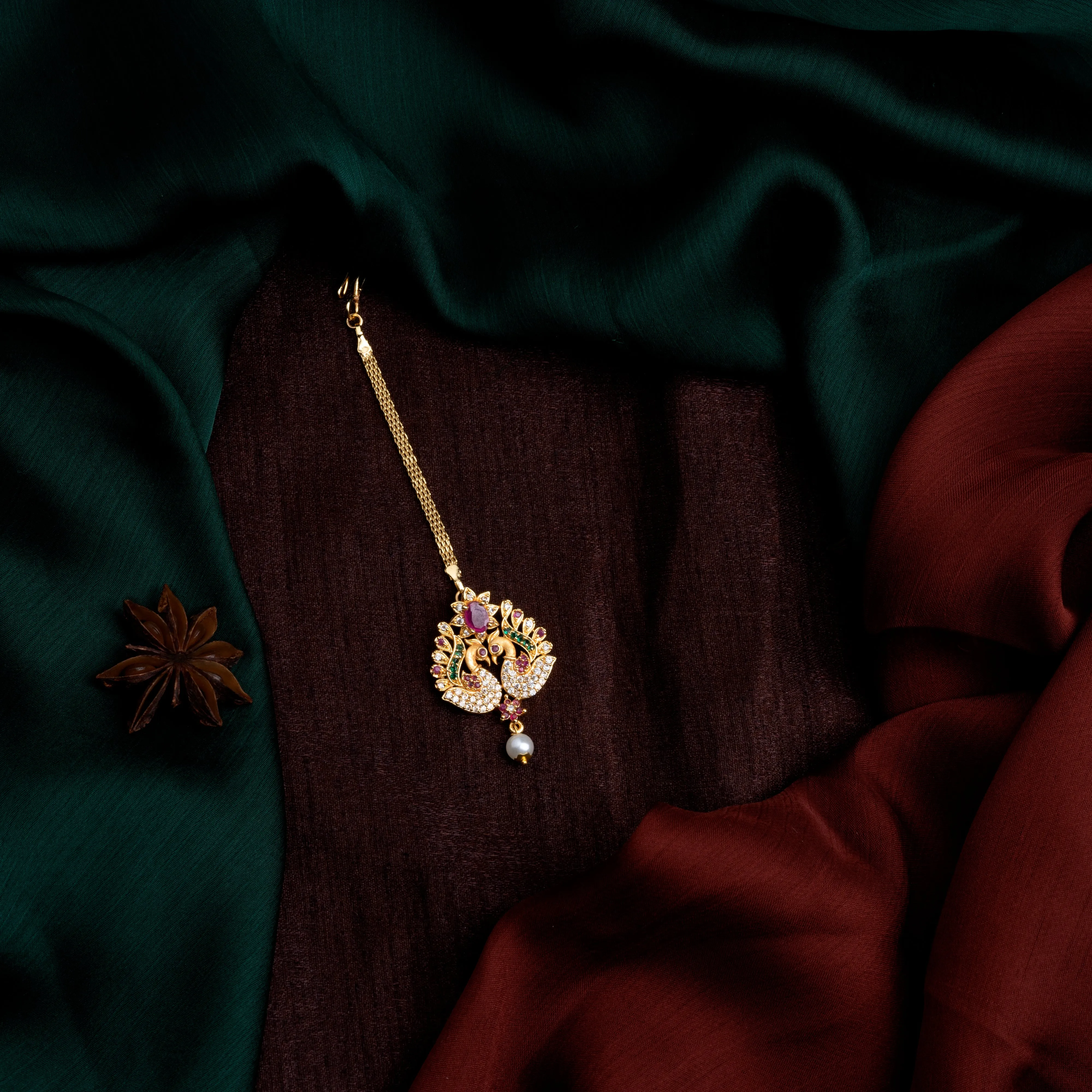 Estele Gold Plated CZ Peacock Designer Maang Tikka with Pearl for Women