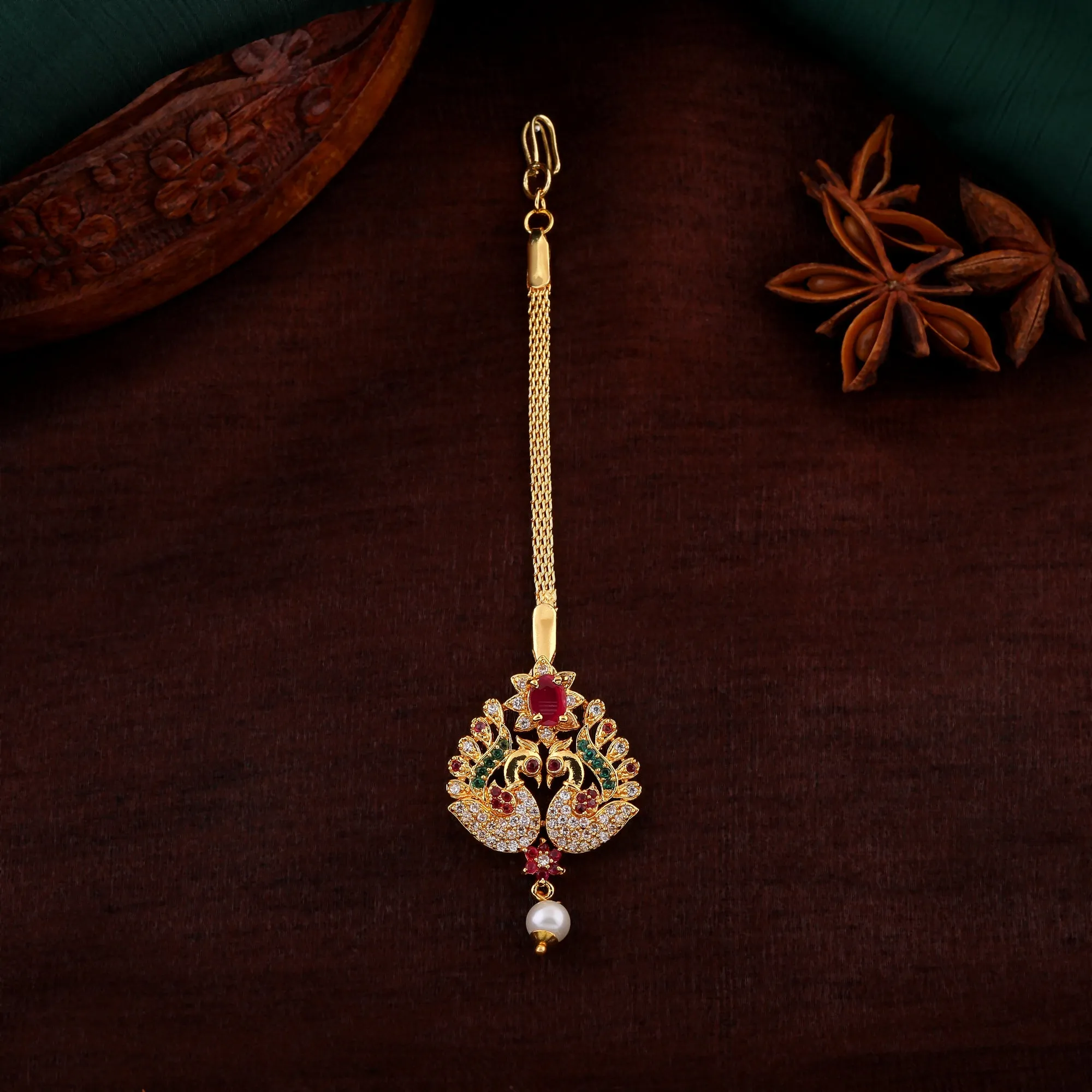 Estele Gold Plated CZ Peacock Designer Maang Tikka with Pearl for Women