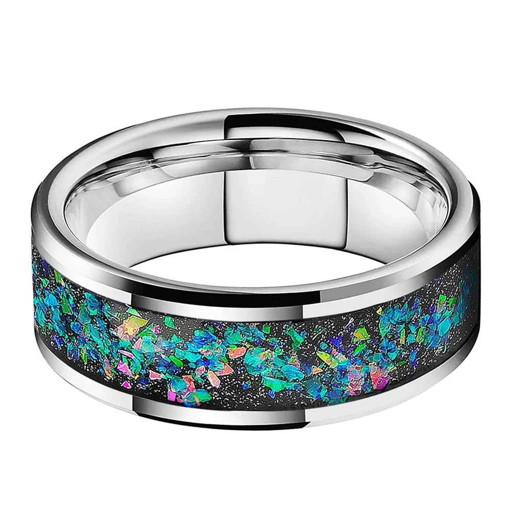 Flat Crushed Opal & Silver Tungsten Wedding Ring (8mm)