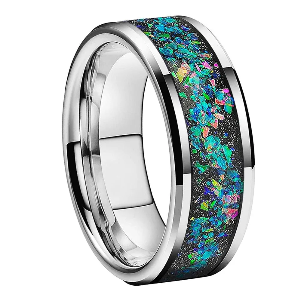 Flat Crushed Opal & Silver Tungsten Wedding Ring (8mm)