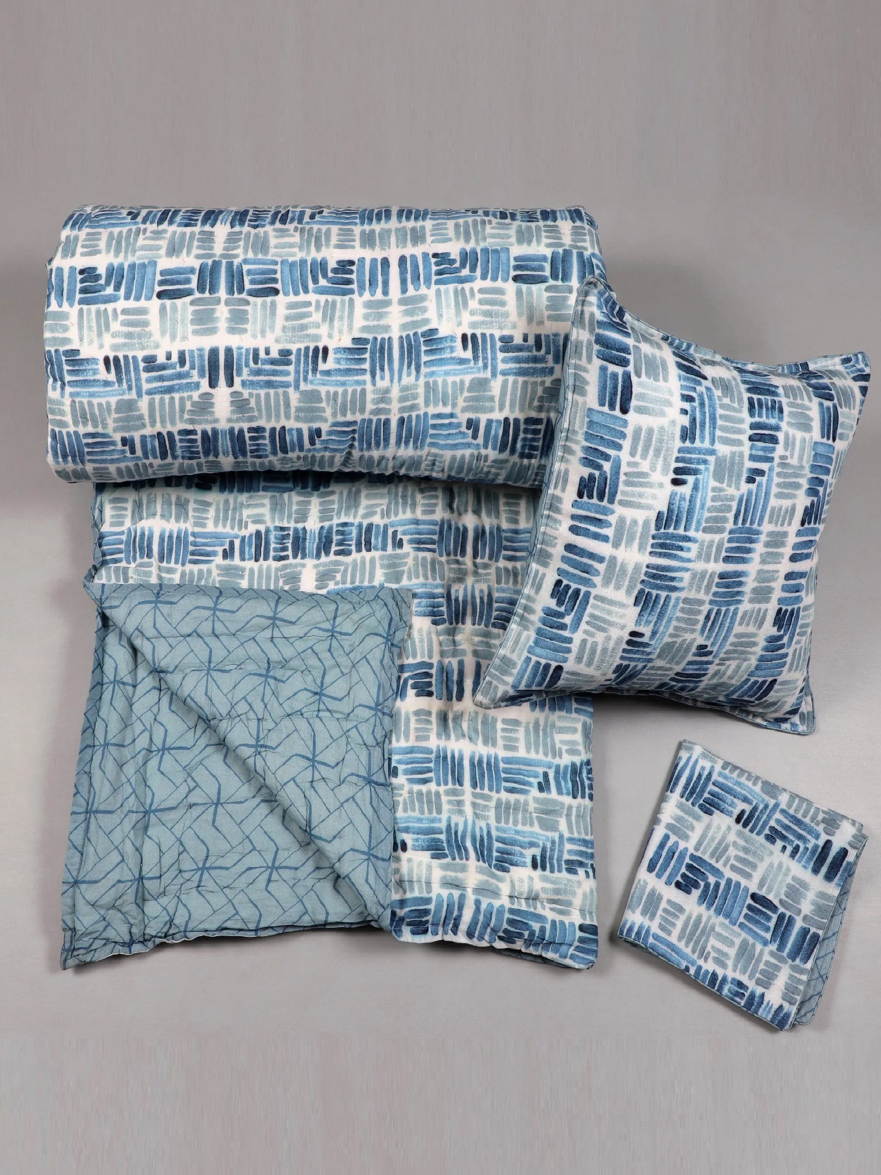Grey And Blue Abstract Geometric Printed 3 PC Set of 1 quilt & 2 cushion