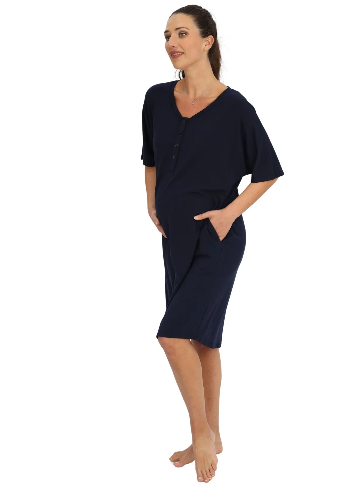 Maternity & Nursing Home Dress   Matching Baby Wrap - Navy