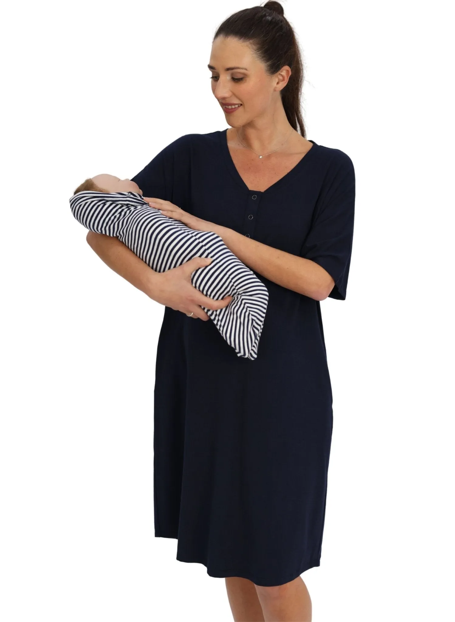 Maternity & Nursing Home Dress   Matching Baby Wrap - Navy