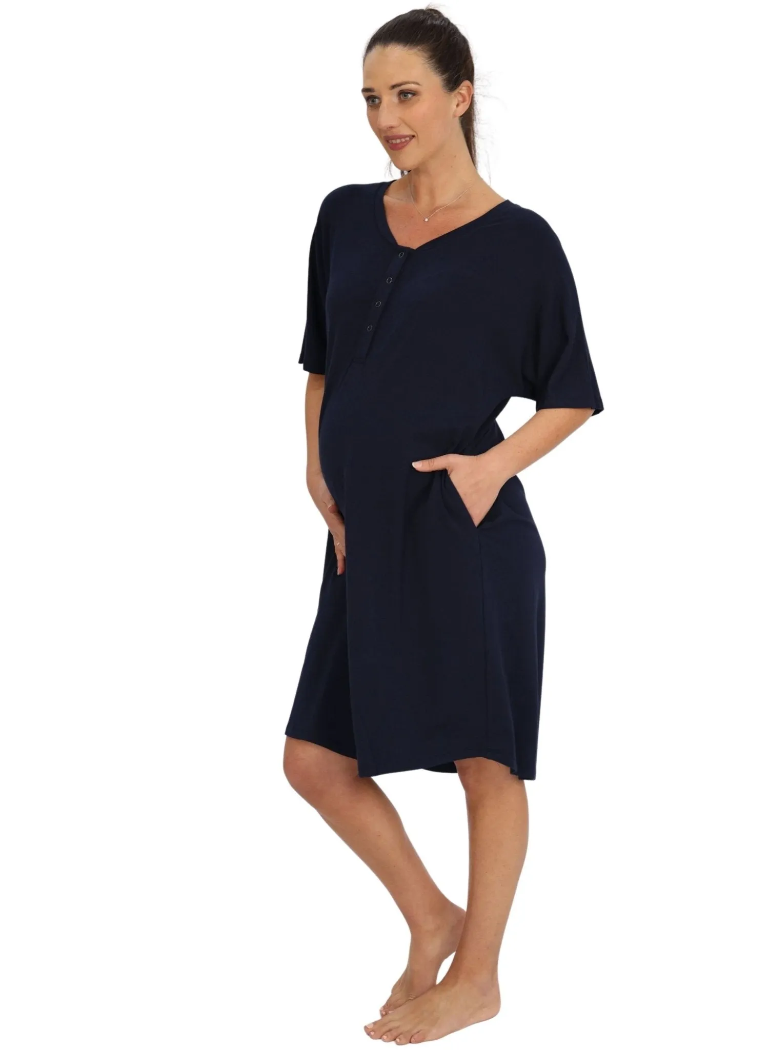 Maternity & Nursing Home Dress   Matching Baby Wrap - Navy