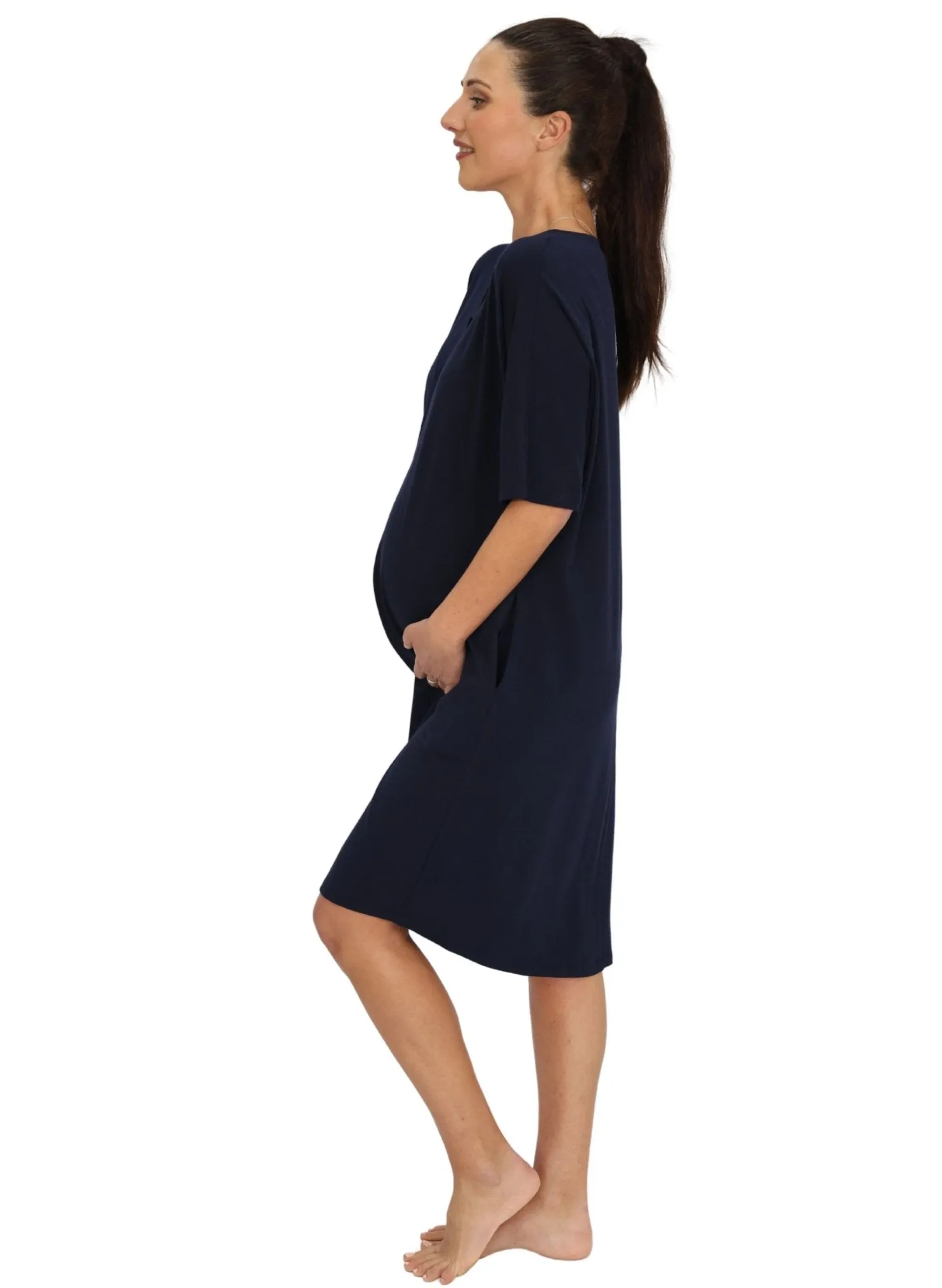 Maternity & Nursing Home Dress   Matching Baby Wrap - Navy