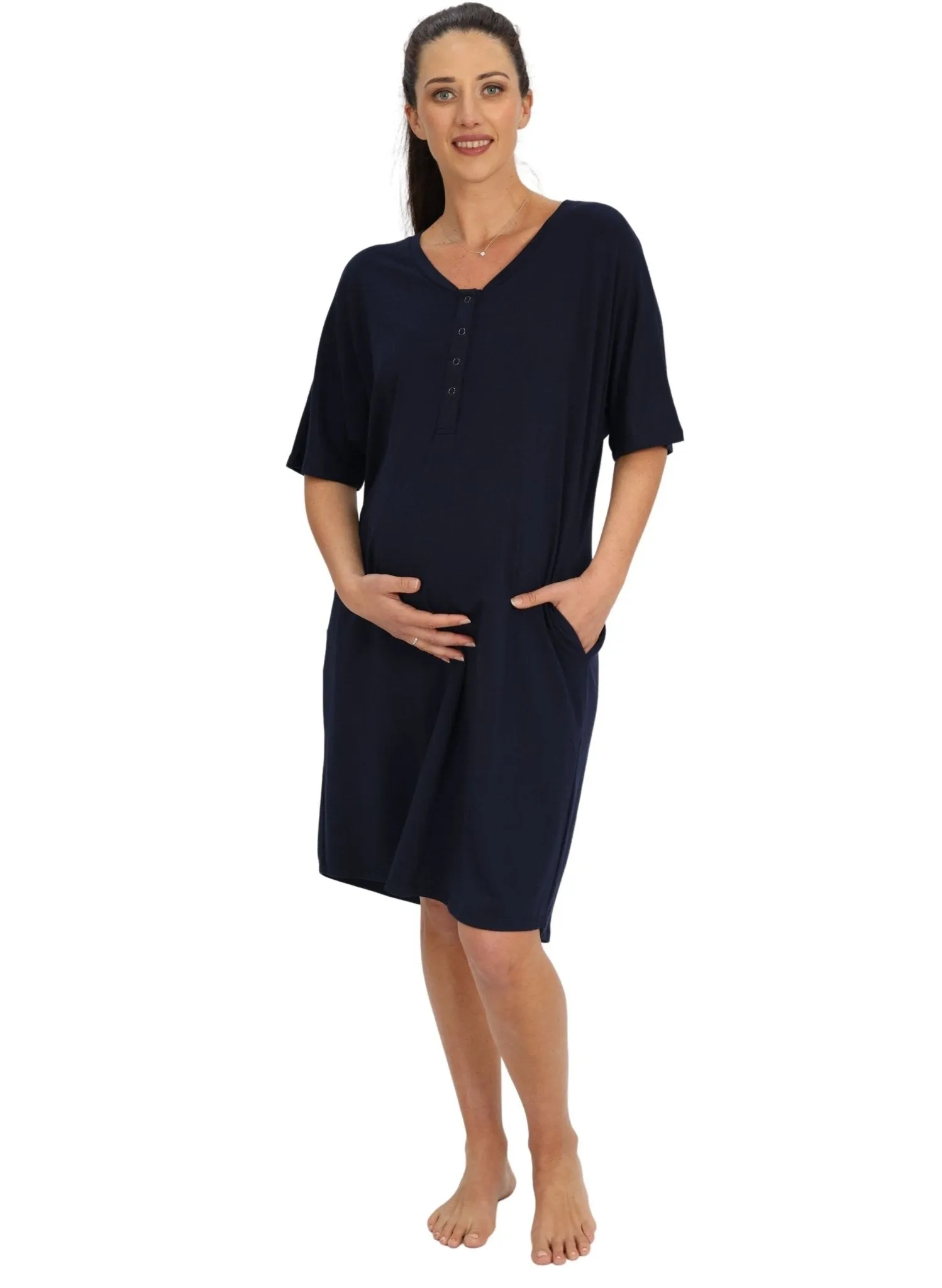 Maternity & Nursing Home Dress   Matching Baby Wrap - Navy