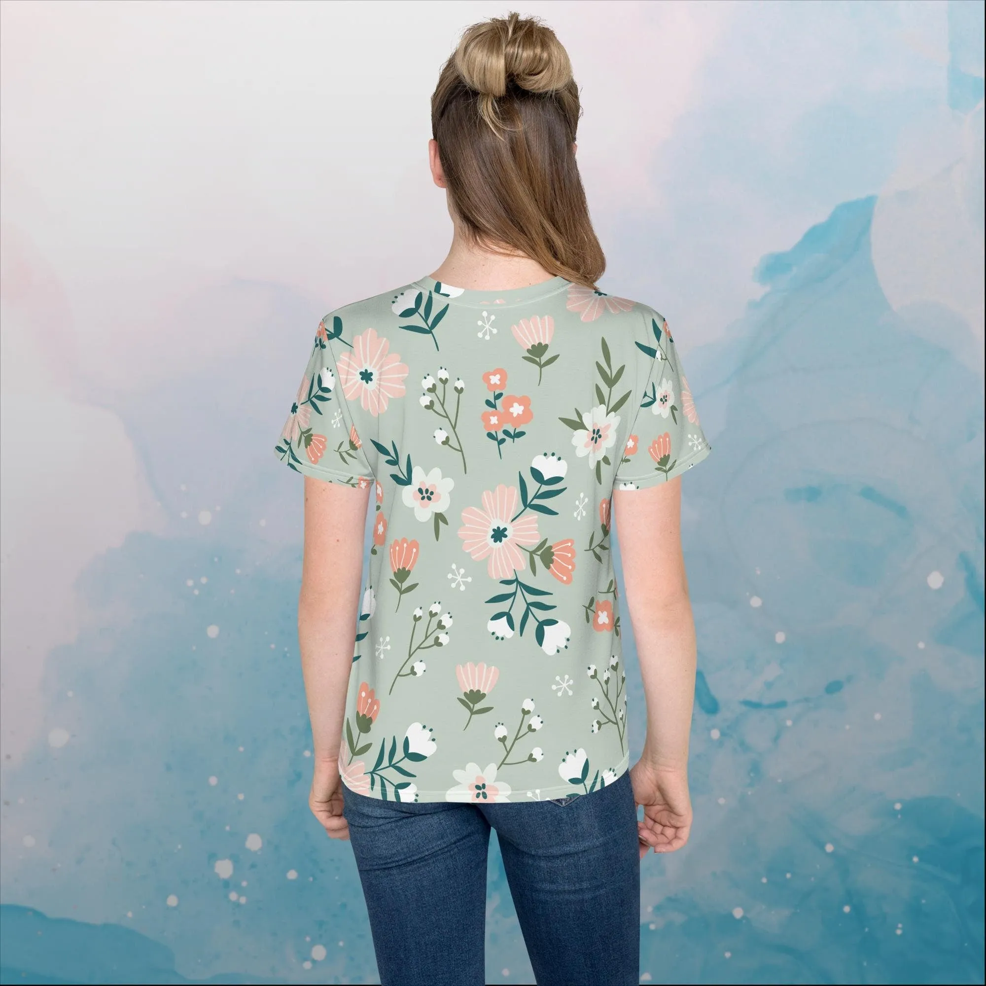 Spring Green Floral Pattern Youth Crew Neck Tee Shirt