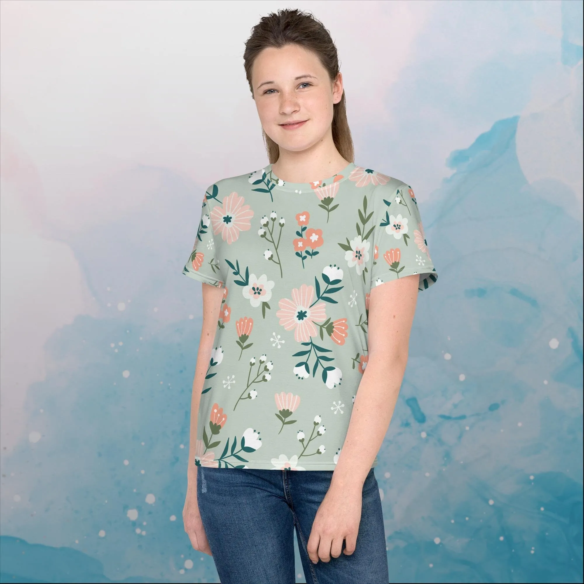 Spring Green Floral Pattern Youth Crew Neck Tee Shirt