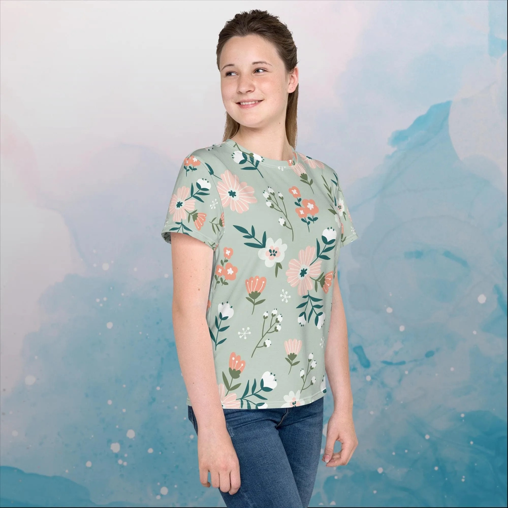 Spring Green Floral Pattern Youth Crew Neck Tee Shirt