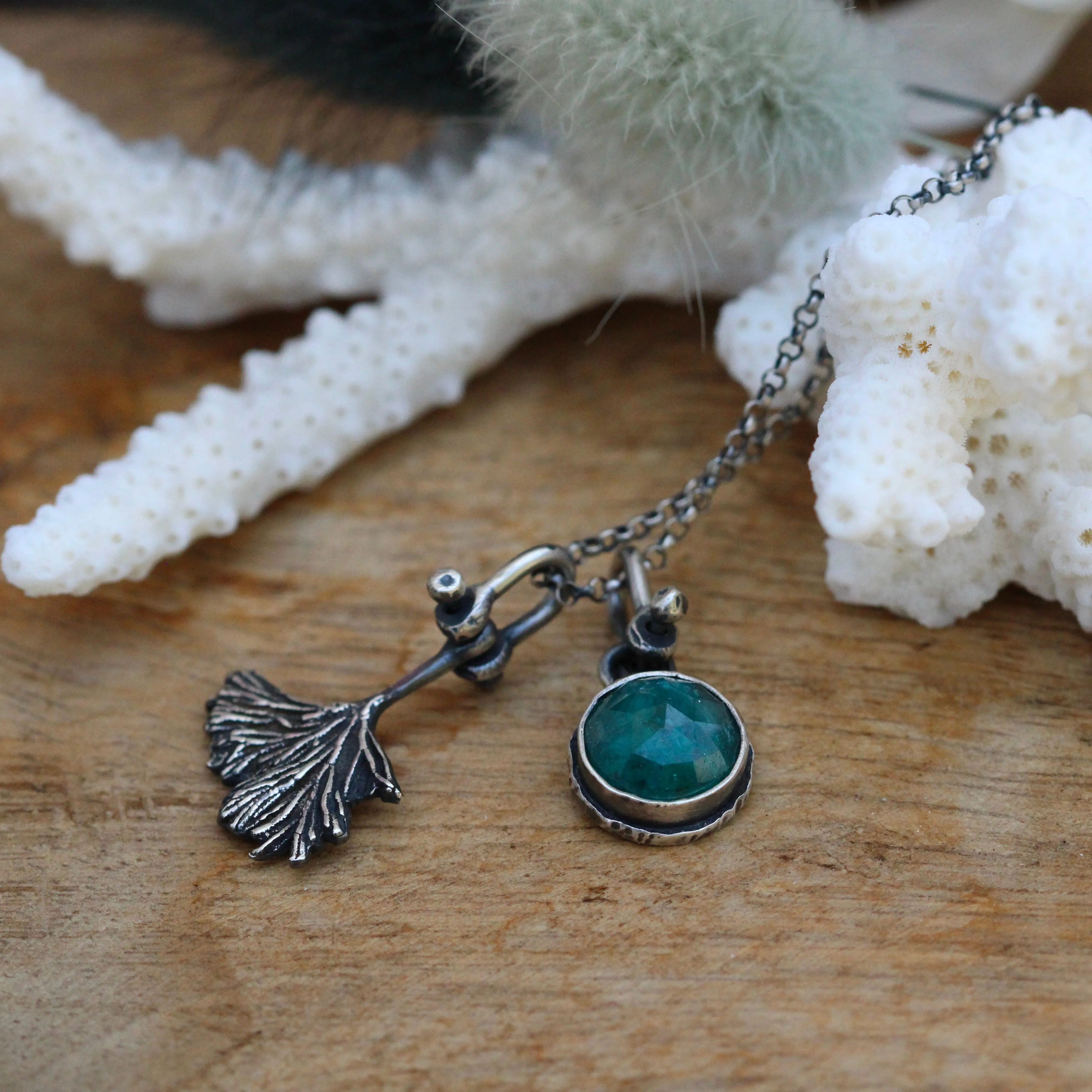 Teal Kyanite and coral necklace Beach comber collection