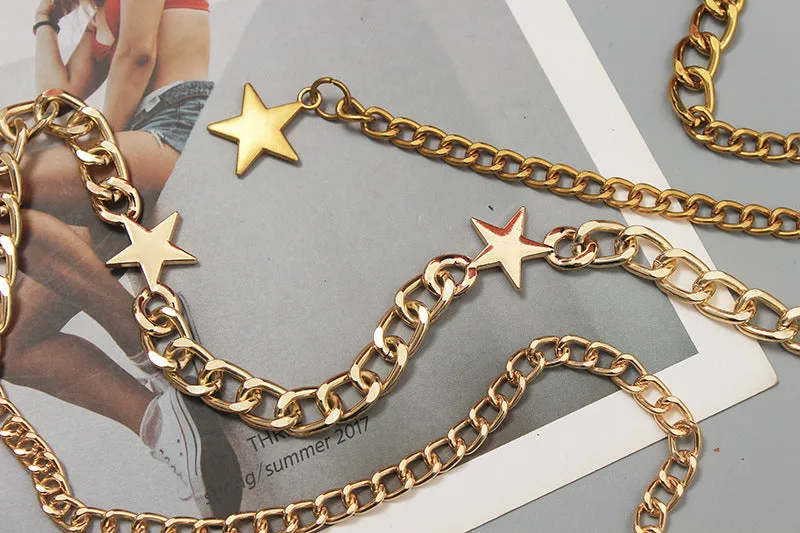 Vintage Fashion Dress with Waist Gold Metal Star Pentagram Waist Chain Belt