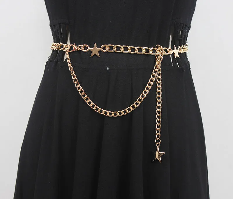 Vintage Fashion Dress with Waist Gold Metal Star Pentagram Waist Chain Belt