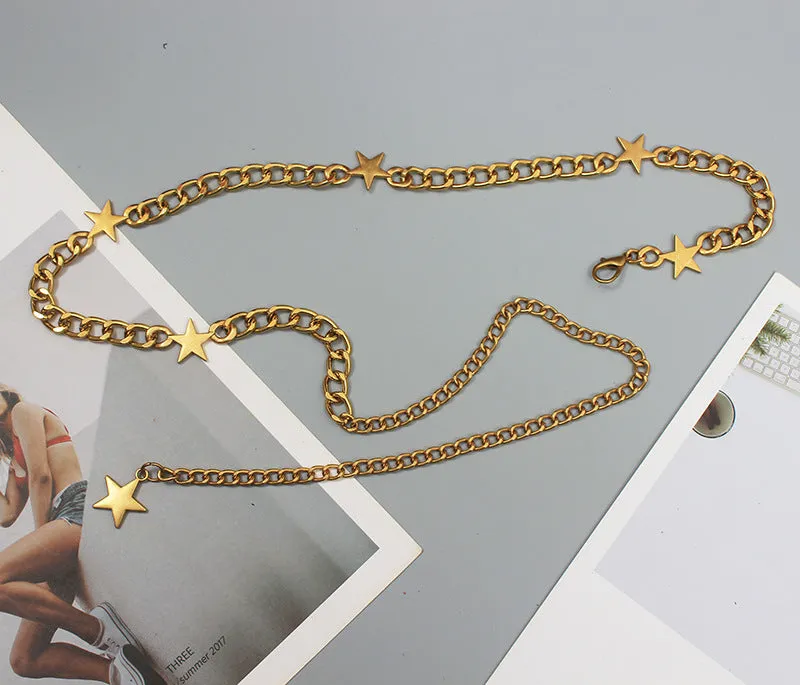 Vintage Fashion Dress with Waist Gold Metal Star Pentagram Waist Chain Belt