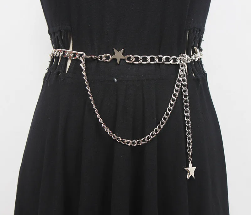 Vintage Fashion Dress with Waist Gold Metal Star Pentagram Waist Chain Belt