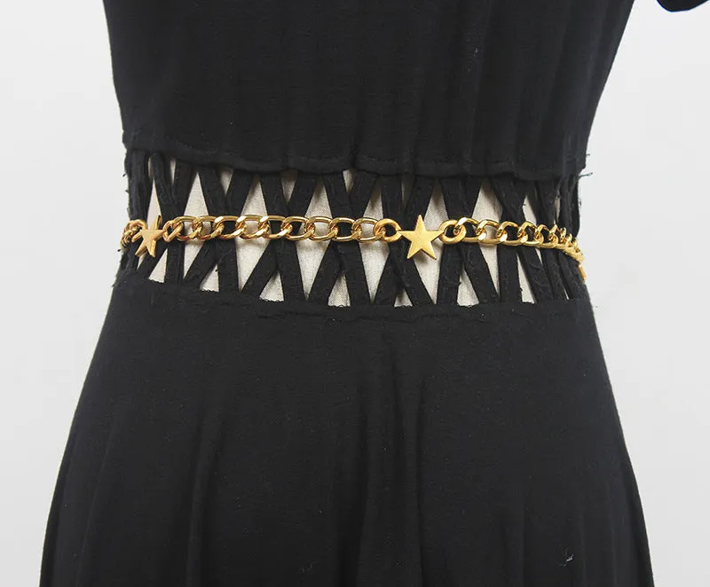 Vintage Fashion Dress with Waist Gold Metal Star Pentagram Waist Chain Belt